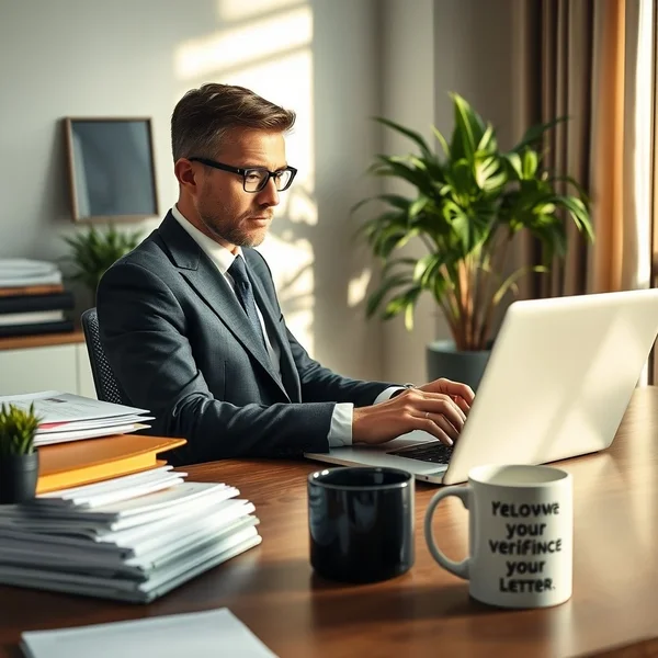 Bir kişinin dizüstü bilgisayarda Employment Verification Letter Request Email yazdığı bir görüntü.