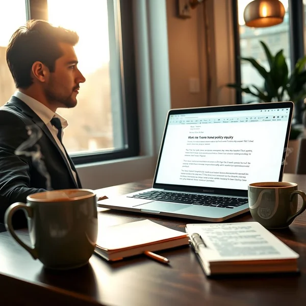 A person typing a WFH Policy Inquiry Email on a laptop
