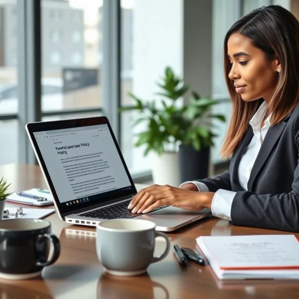 A person writing a Parental Leave Policy Inquiry Email on their computer