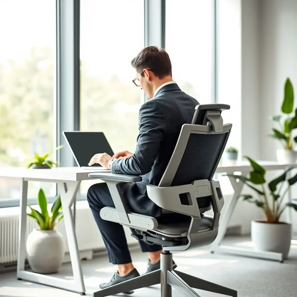 An office worker using an ergonomic chair, illustrating the purpose of an Ergonomic Assessment Request Email
