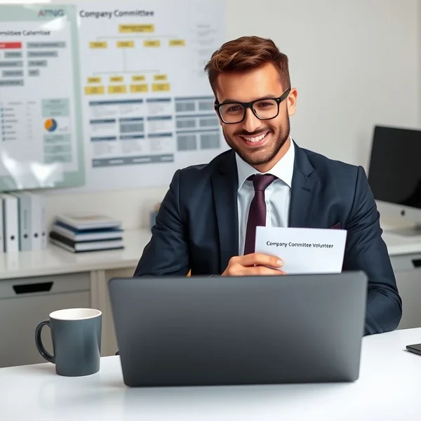 A person writing a Company Committee Volunteer Email on a laptop