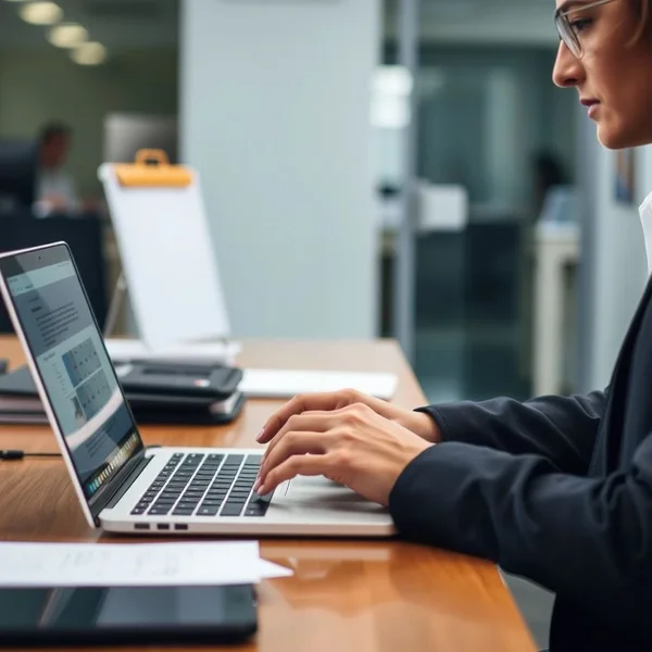 Bir kişinin dizüstü bilgisayarda dikkatlice Workplace Grievance Report Email yazdığı bir görüntü
