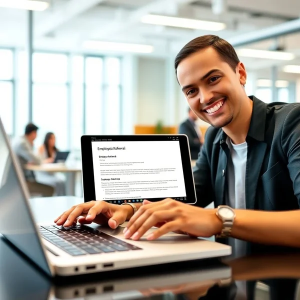 A person writing a professional Employee Referral Email on a laptop