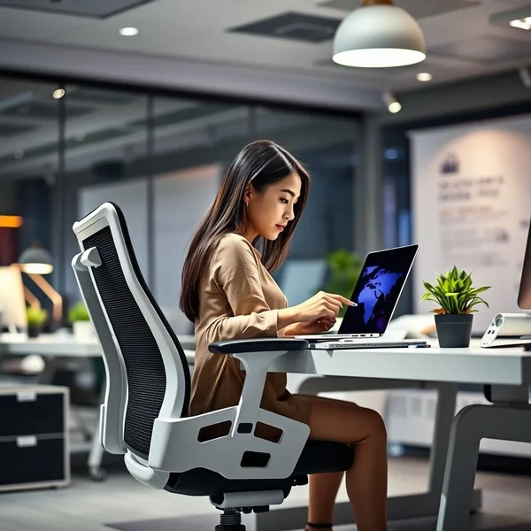 Eine Büroangestellte auf einem ergonomischen Stuhl, der den Zweck einer Ergonomic Assessment Request E-Mail veranschaulicht