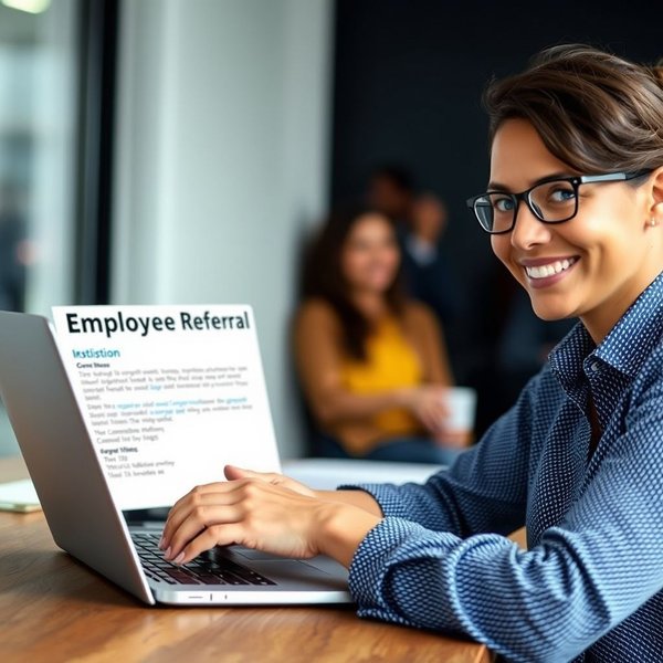 Seseorang sedang menulis Email Employee Referral profesional di laptop