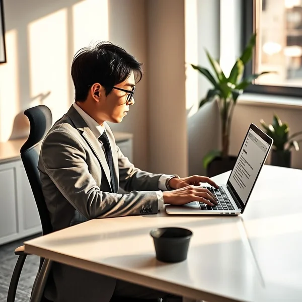 A person typing a WFH Policy Inquiry Email on a laptop