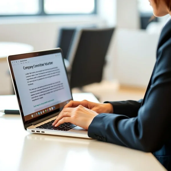 A person writing a Company Committee Volunteer Email on a laptop