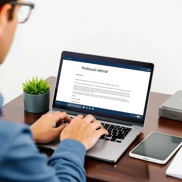 Eine Person schreibt eine professionelle Employee Referral E-Mail auf einem Laptop
