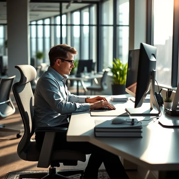 An office worker using an ergonomic chair, illustrating the purpose of an Ergonomic Assessment Request Email