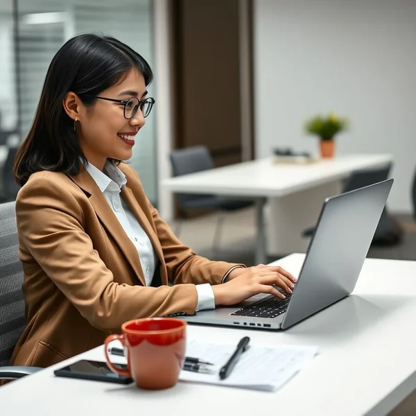 A professional writing an Internal Transfer Acceptance Email on a laptop