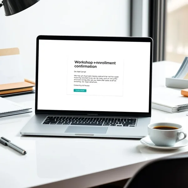 A clear and professional Workshop Enrollment Confirmation Email on a laptop screen