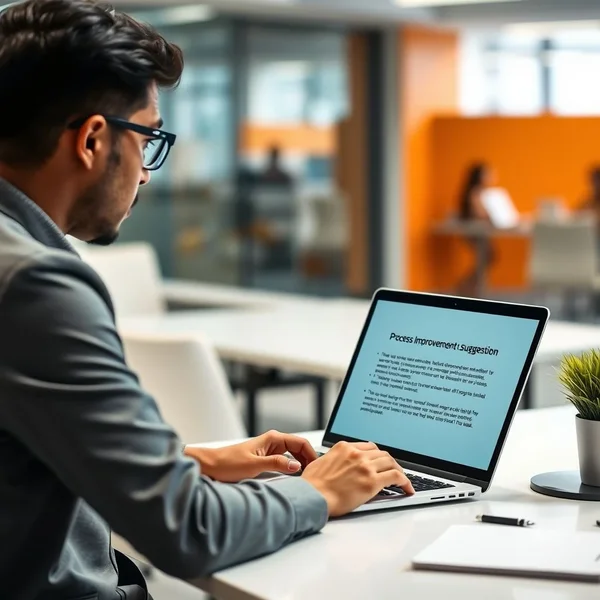 A person drafting a Process Improvement Suggestion Email on a laptop