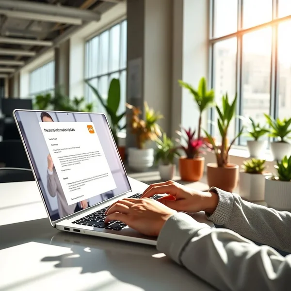 A professional writing a Personal Information Update Email on a laptop