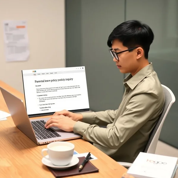 A person writing a Parental Leave Policy Inquiry Email on their computer