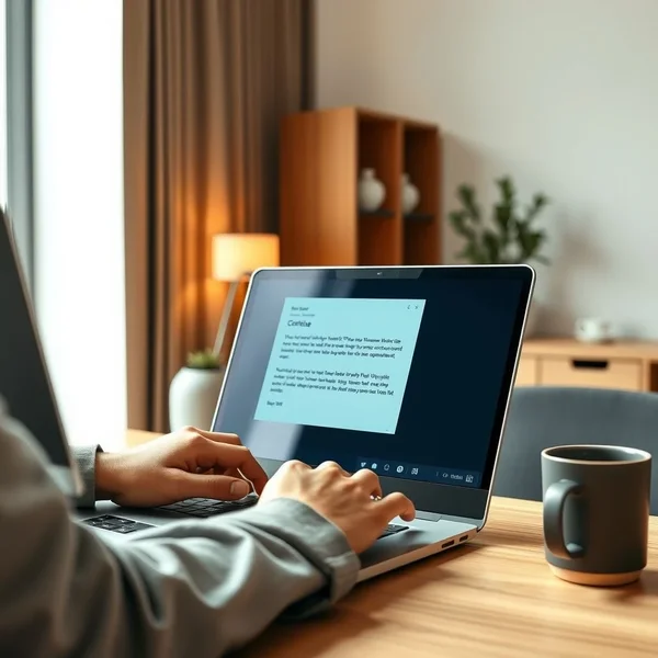 A person typing a WFH Policy Inquiry Email on a laptop