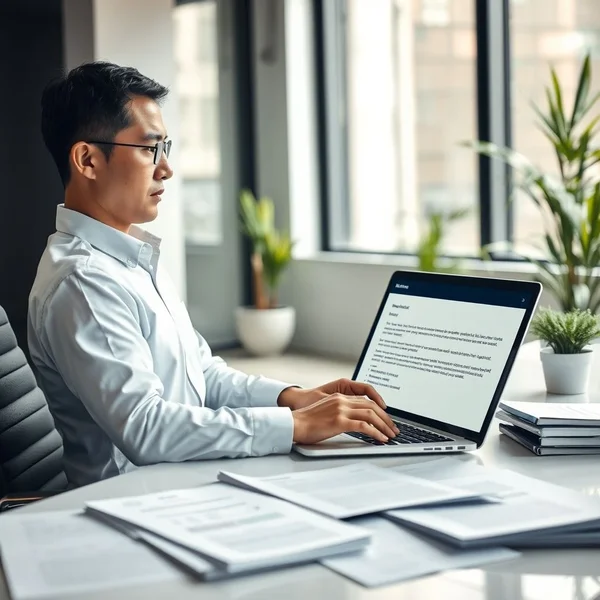 A person carefully writing a Workplace Grievance Report Email on a laptop