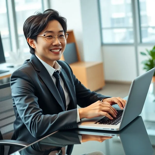 A professional writing an Internal Transfer Acceptance Email on a laptop
