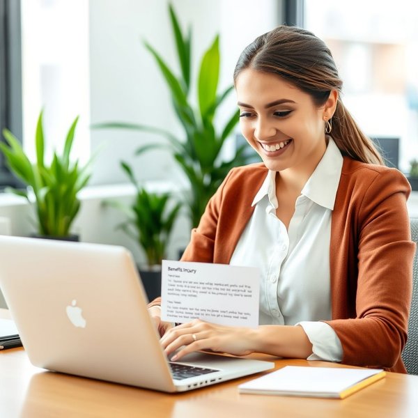 A person looking at a benefits document while writing a Benefits Inquiry Email