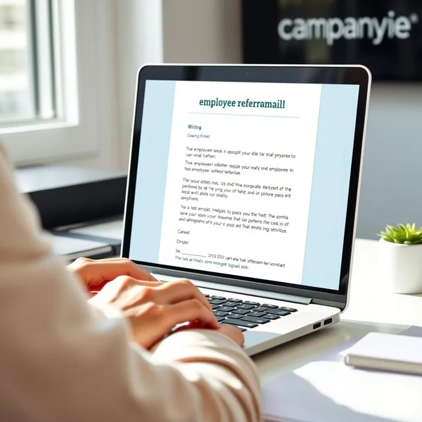 노트북으로 전문적인 Employee Referral Email을 작성하는 사람