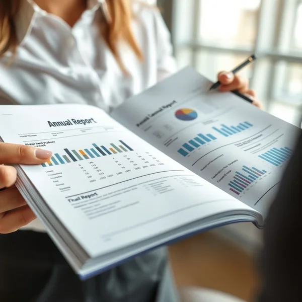 Eine Fachkraft analysiert ein Finanzdiagramm in einem Annual Report