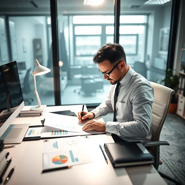 A person writing a Business Report at a desk