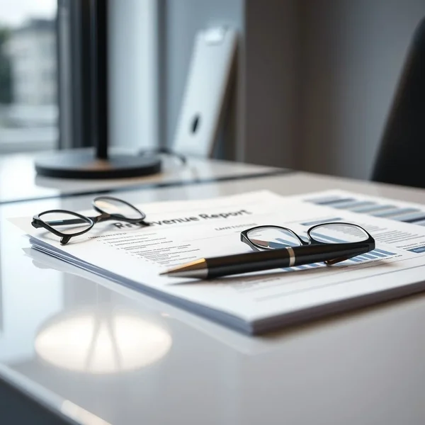 A professional Revenue Report on a desk