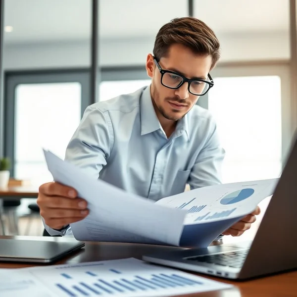 Een professional die een financiële grafiek analyseert in een Annual Report