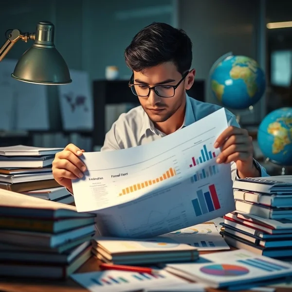 Seorang profesional menganalisis grafik keuangan dalam Annual Report