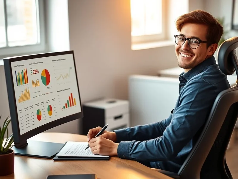 Eine Person schreibt einen Business Report an einem Schreibtisch