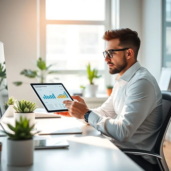 Seorang profesional meninjau Performance Report di tablet