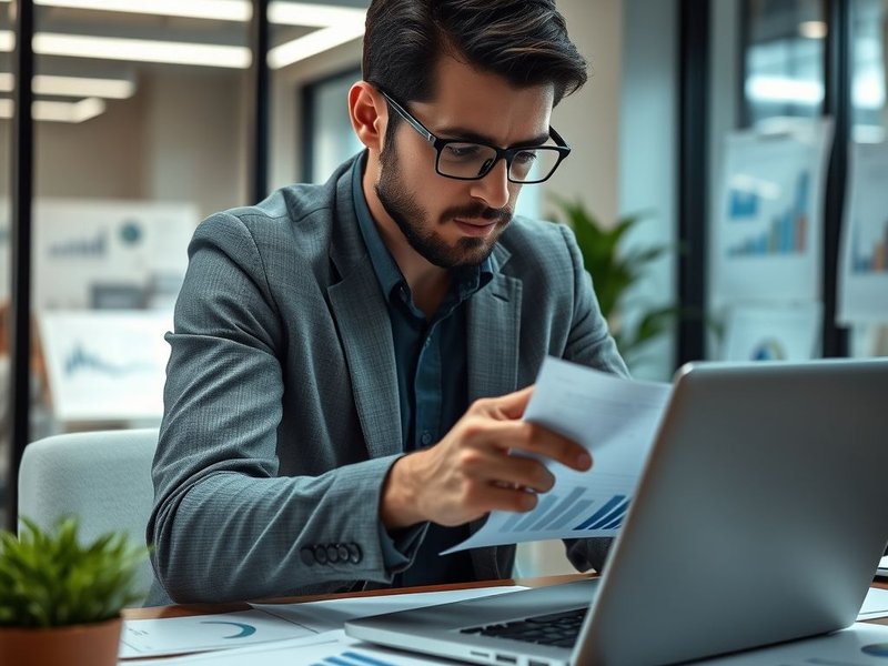 Um profissional criando um Quarterly Report em seu laptop