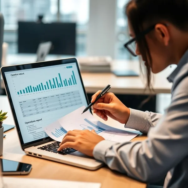 Una persona profesional redactando un Operational Report en una computadora portátil