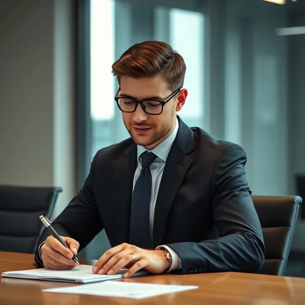 A person professionally writing a Board Meeting Report in an office setting.