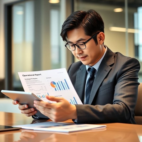 A professional writing an Operational Report on a laptop