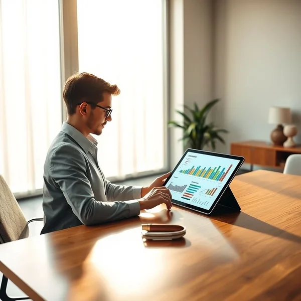 A professional reviewing a Financial Overview Report on a tablet
