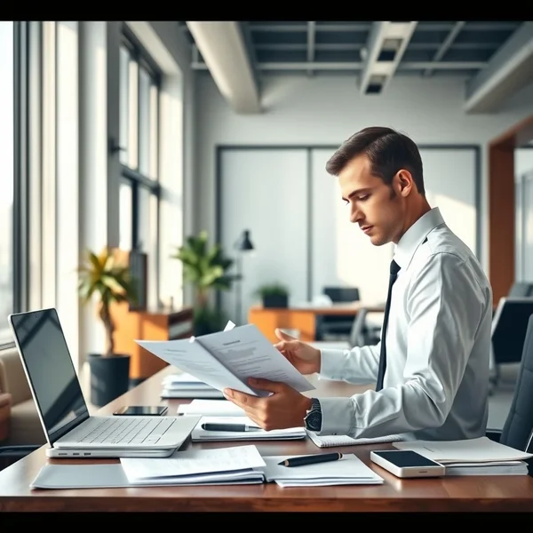 A person professionally writing a Board Meeting Report in an office setting.