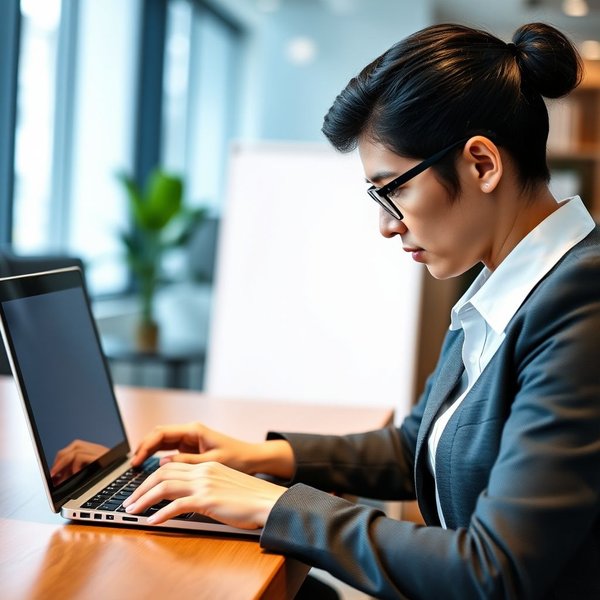 A person professionally writing a Board Meeting Report in an office setting.