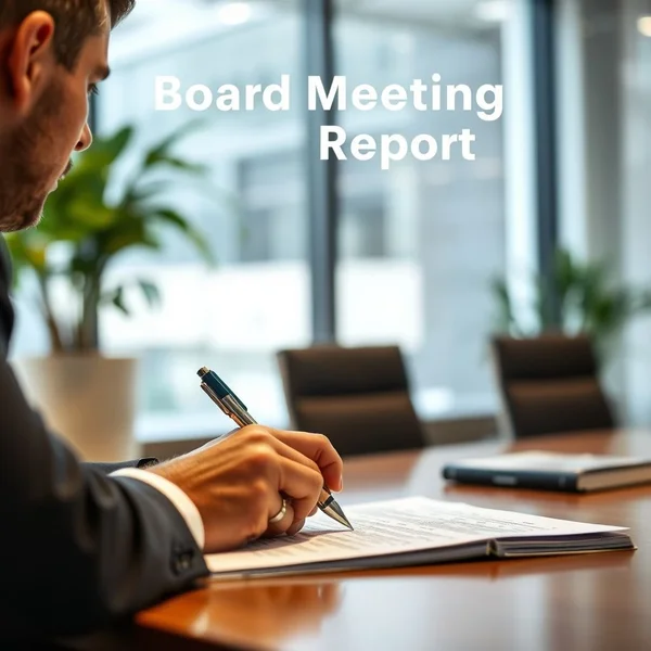 Seseorang secara profesional menulis Board Meeting Report di lingkungan kantor.
