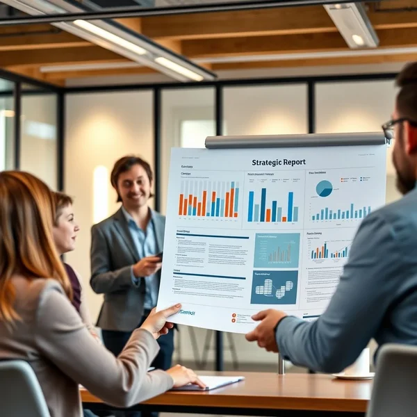 Seorang profesional mempresentasikan Strategic Report dalam sebuah rapat