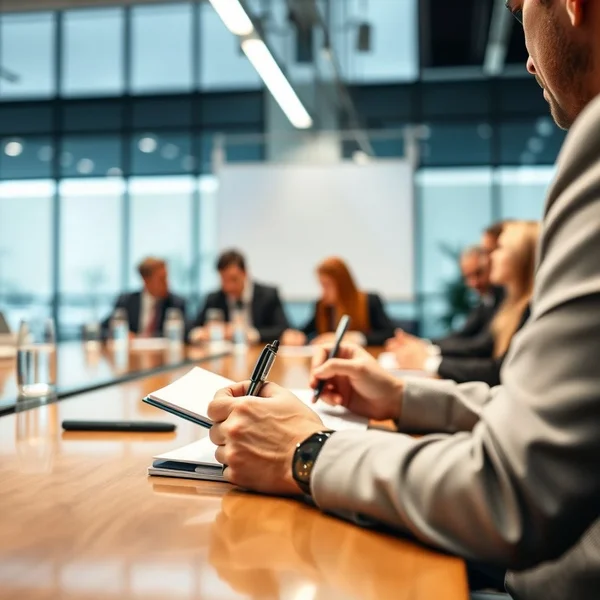 Una persona che scrive professionalmente un Board Meeting Report in un ufficio.