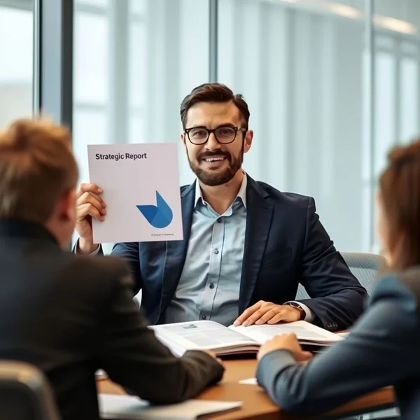 Een professional die tijdens een vergadering een Strategic Report presenteert