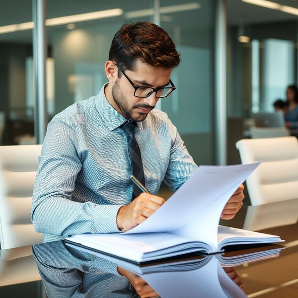 A person professionally writing a Board Meeting Report in an office setting.