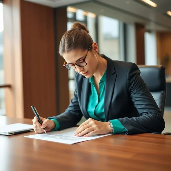 Eine Person arbeitet professionell an einem Board Meeting Report in einem Büro.