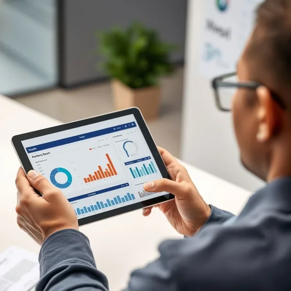 Eine Fachkraft bewertet einen Performance Report auf einem Tablet