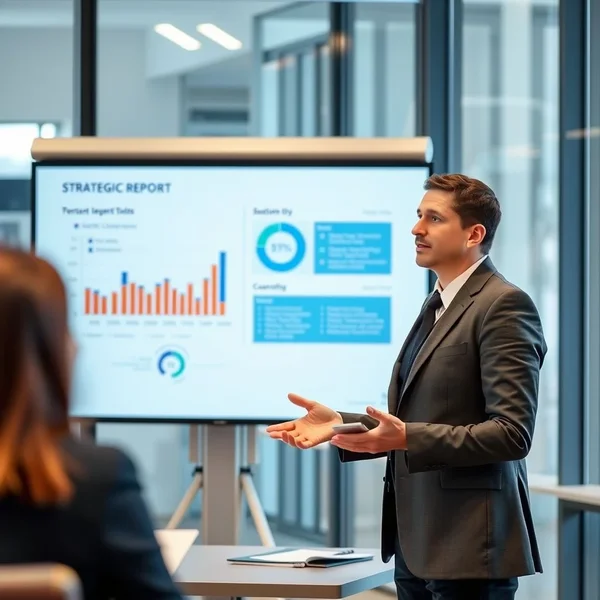 Ein Profi präsentiert in einer Besprechung einen Strategic Report