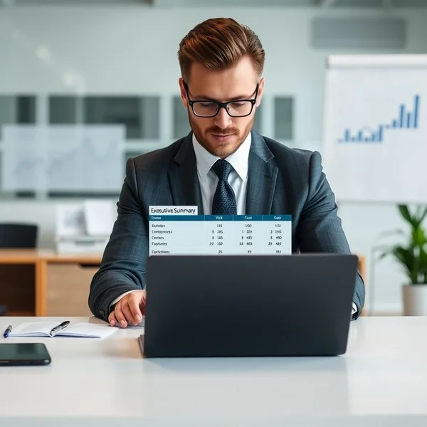 Una persona che scrive un Executive Summary su un laptop