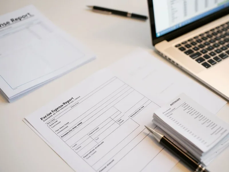 A person filling out an Expense Report form with receipts nearby