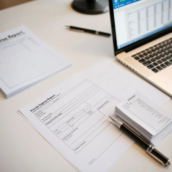 A person filling out an Expense Report form with receipts nearby