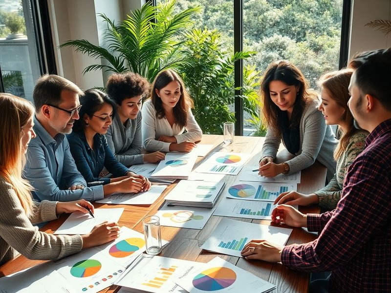 An employee team discussing a Corporate Responsibility Report on a whiteboard