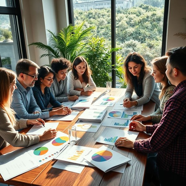 An employee team discussing a Corporate Responsibility Report on a whiteboard